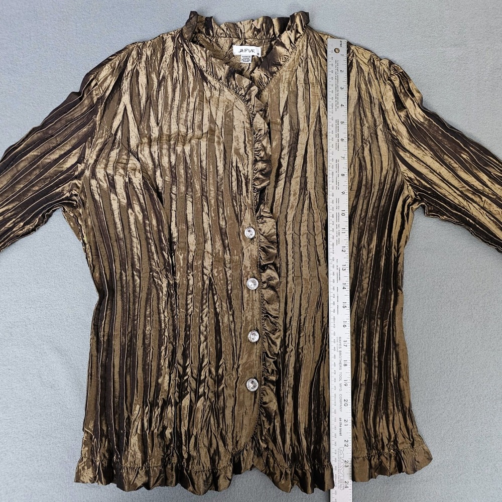 Jaipur Bronze Metallic Crinkle Top M Pleated Ruffle Rhinestone Dressy Whimsigoth - Picture 8 of 11